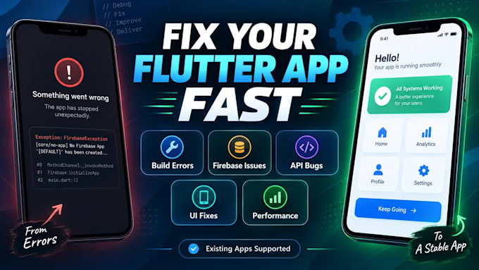 fix flutter app bugs, errors, crashes and firebase issues