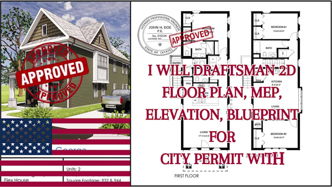draftsman 2d floor plan, mep, elevation, blueprint for city permit with stamping