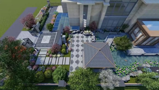 do courtyard design and sketchup 3d modeling with rendering