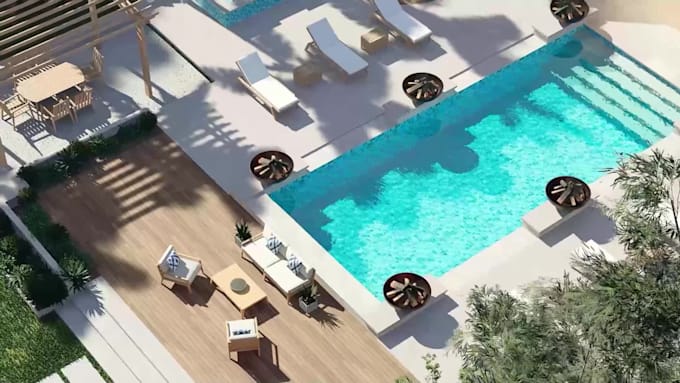 design luxury 3d backyard landscape and pool rendering