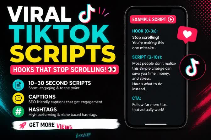 create tiktok viral scripts, hooks, captions, and hashtags
