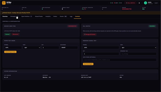 build trading infrastructure, signal engine, and broker API system