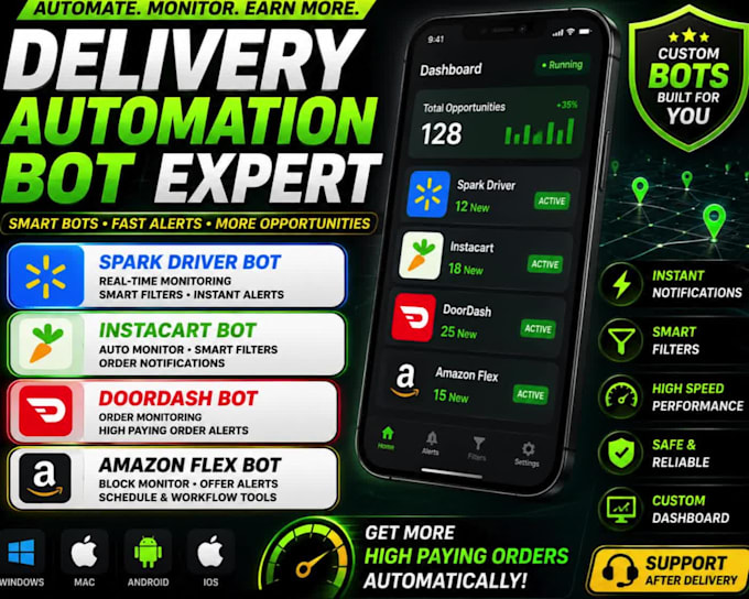 develop instacart bot, spark driver bot, doordash bot, amazon flex bot