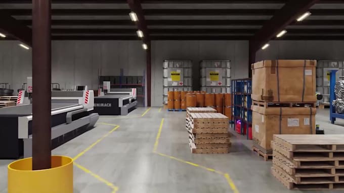create 3d industrial animation, 3d factory warehouse production line animation