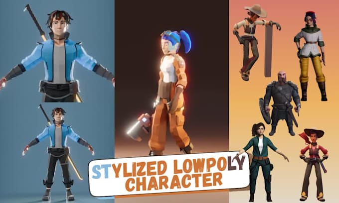 create low poly, stylized character model, rigging for animation and game ready