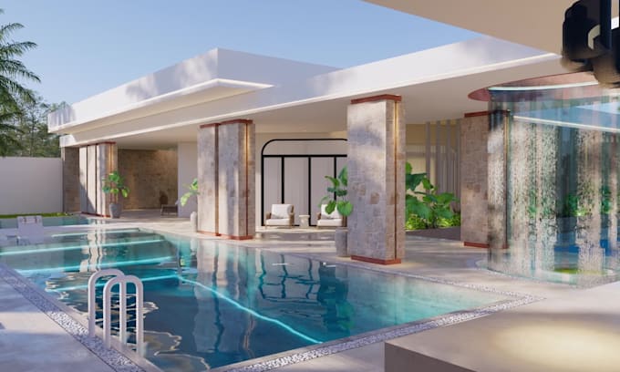design a luxury modern pool and 3d backyard landscape