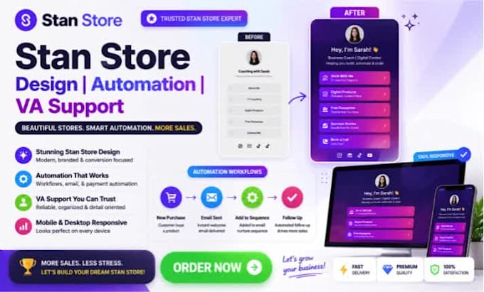 design redesign stan store, stan store virtual assistant, stan store automation