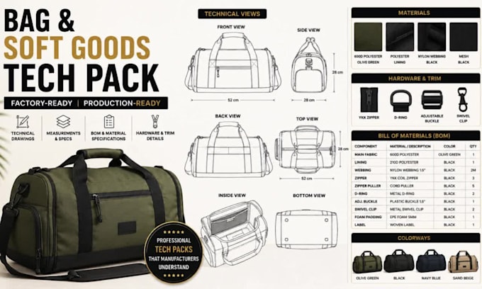 create a professional bag and soft goods tech pack