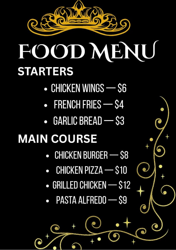 design a professional restaurant menu