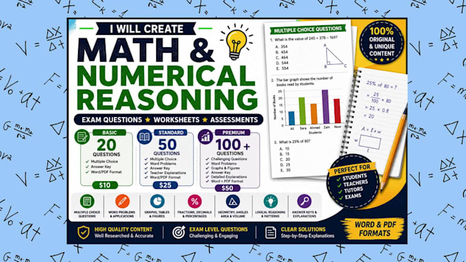 create math and numerical reasoning question, worksheets