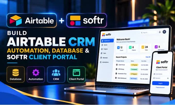 build airtable CRM, automation, database and softr client portal