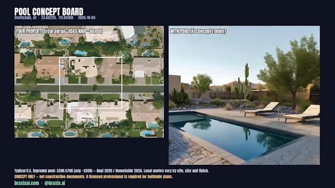 design a custom backyard pool concept and 3d render