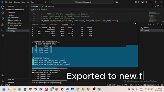 convert excel, CSV, or XML to json and sql using python