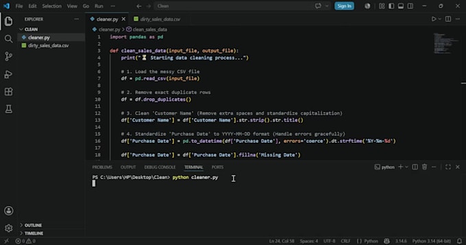 write a python script for data cleaning and CSV processing