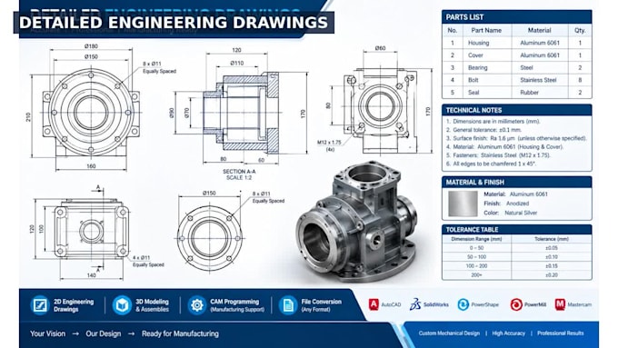 create professional 2d and 3d cad cam engineering drawings