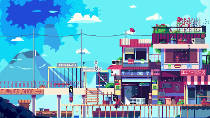 create pixel art background scene landscape game environment game art