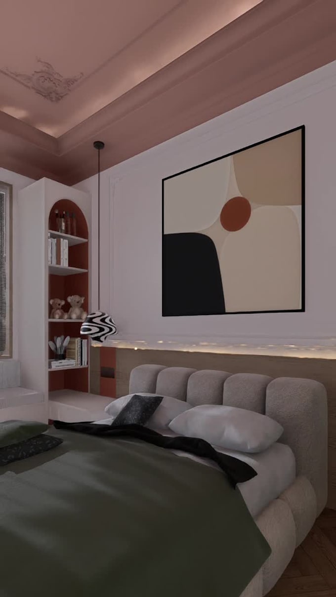 design a cozy bedroom interior with photorealistic rendering