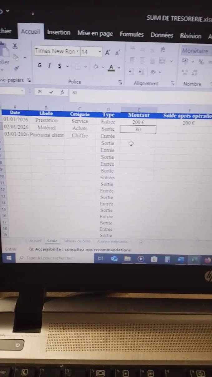 tableau excel suivi trésorerie automatique