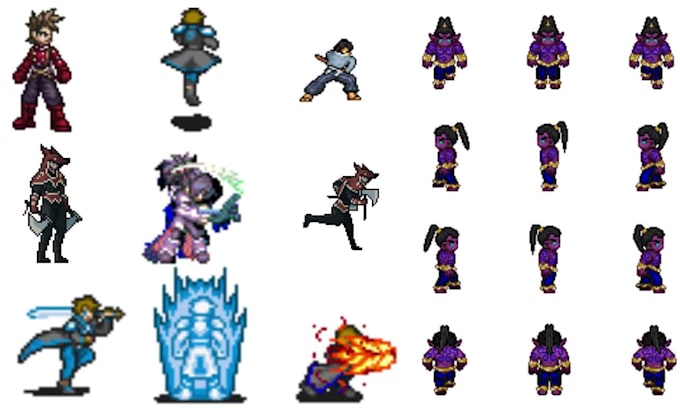 create pixel art, 2d game art, animated sprites, sprite sheets and game assets