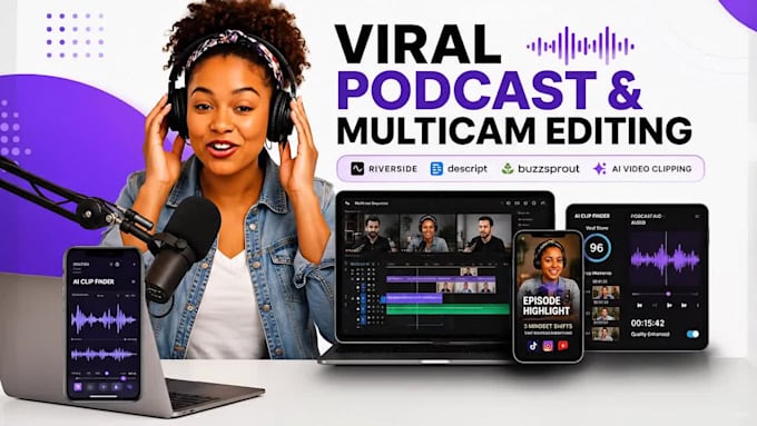 podcast editing, multicam interviews, riverside fm, buzzsprout descript ai video
