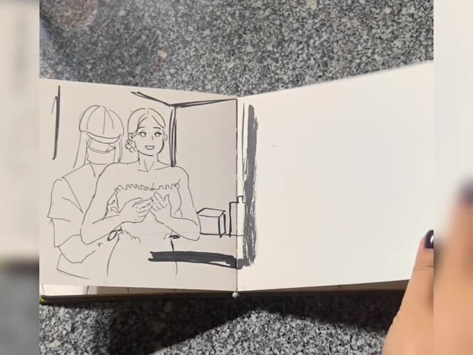 draw cute couple, wedding line art portrait , all hand drawn
