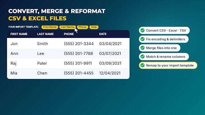 convert, merge and reformat your CSV and excel files