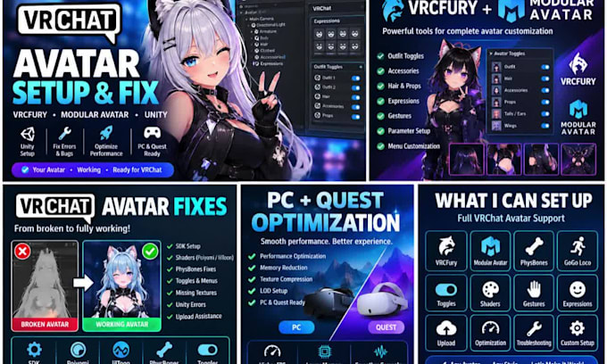 setup, fix vrchat avatar vrcfury modular avatar vrchat unity avatar optimization