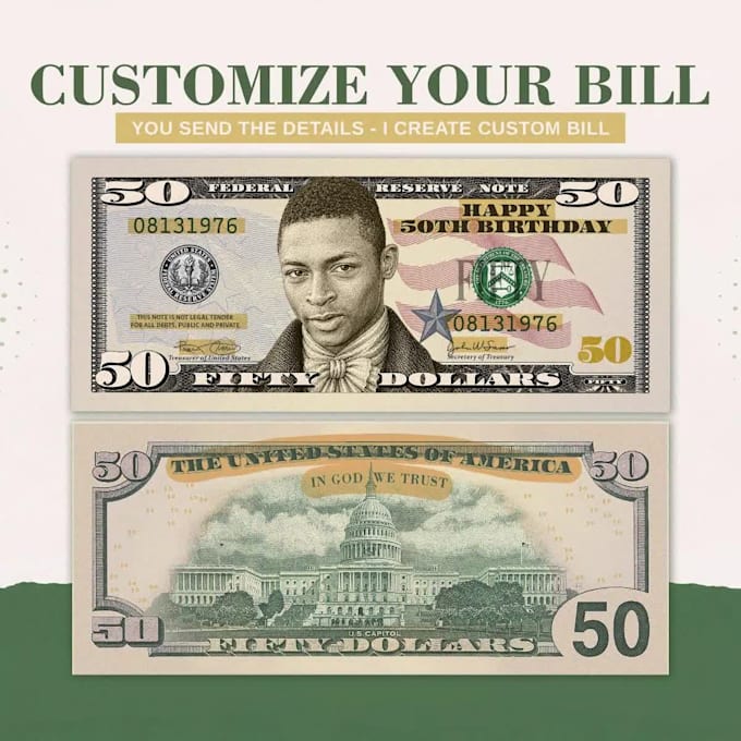 add your photo and info on fifty play money