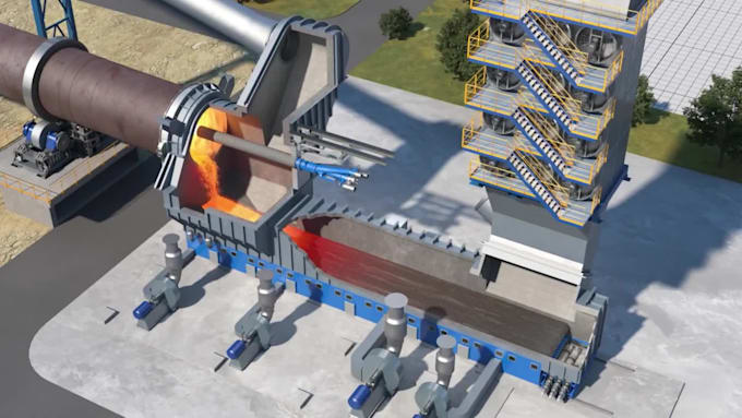create 3d industrial factory animation, manufacturing production line animation