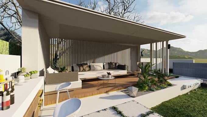 design outdoor backyard landscape, garden, pool as architect
