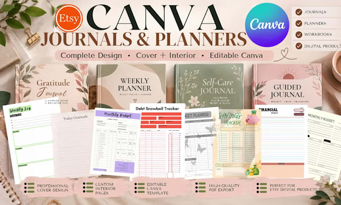 design canva journals, printable planners and editable journal covers