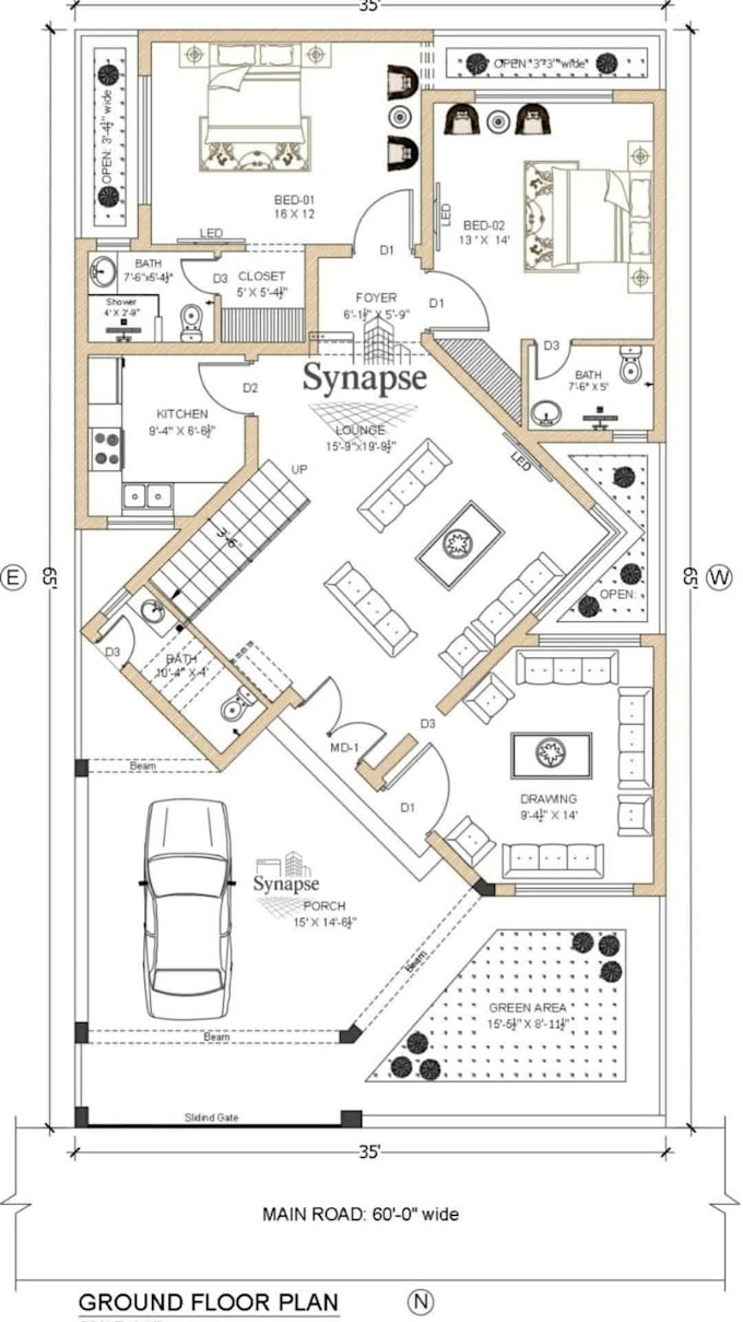 design a modern 2d villa floor plan in autocad with PDF