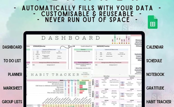 create custom grading sheet, lesson tracker, teacher planner, class schedule