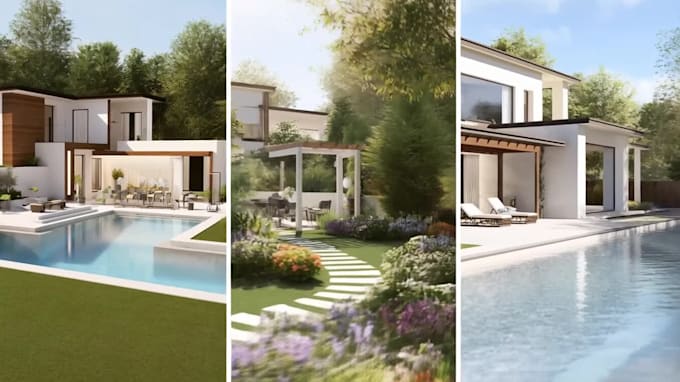 design landscape, backyard, garden, patio, pool and 3d rendering