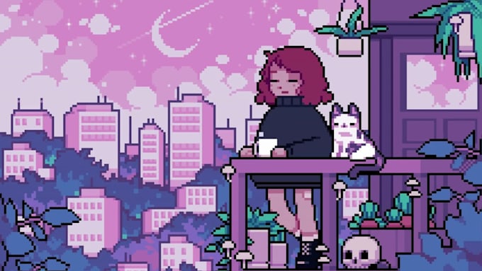 do 2d retro 8bit 16bit pixel art character looping lofi animation, animated gif