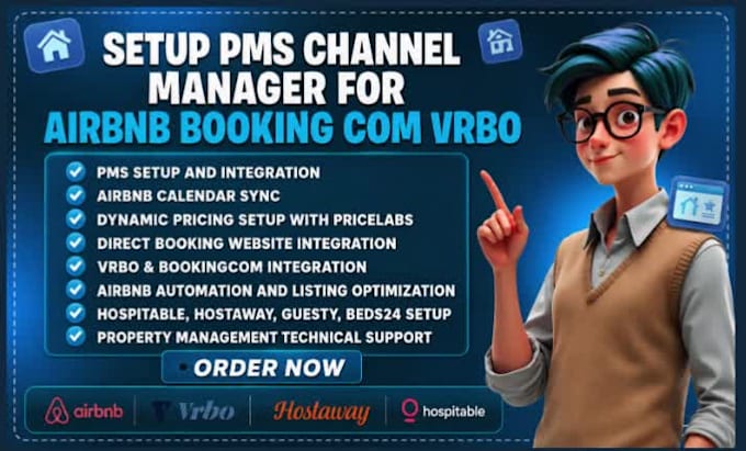 setup pms channel manager for airbnb booking com vrbo on