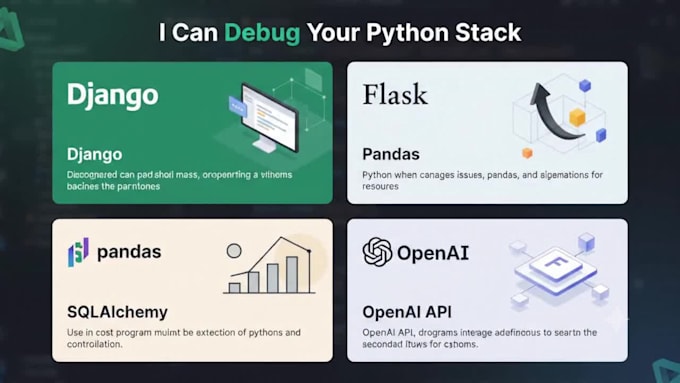 debug and fix python, django, flask, pandas, openai, sqlalchemy code