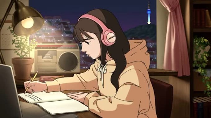 create  lofi loop animation, relaxing lofi, lofi girl loop with custom illustrat