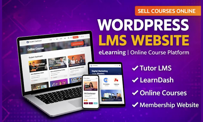 wordpress lms website elearning online course website using learndash, tutor lms