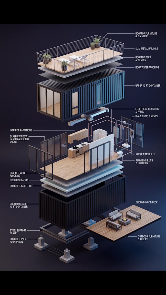 create architectural exploded view and blueprint