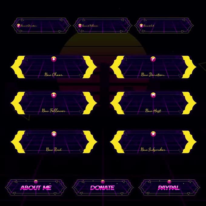 design a retro futuristic synthwave stream overlay or vtuber asset pack