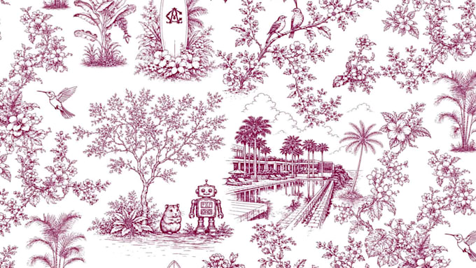 toile de jouy pattern design with vintage textile design hand drawn