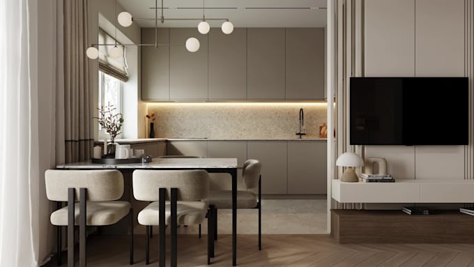 create realistic 3d kitchen living room interior design