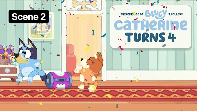 create a bluey custom birthday greeting and dancing scene
