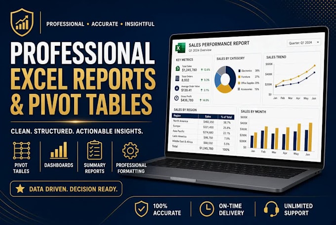 clean messy data and create professional excel analysis and dashboards