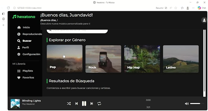 desarrollo frontend de interfaz de streamingmúsica con login
