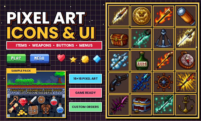 create pixel art icon, ui sprite, item, menu weapon game asset pack 16x16 button