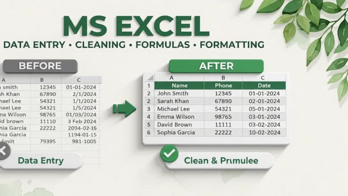 do excel data entry, data cleaning, formulas and formatting
