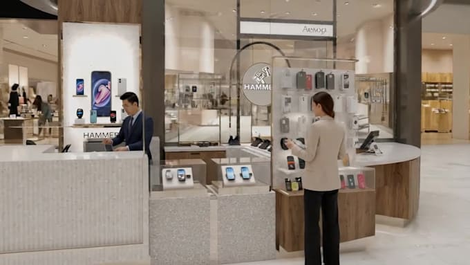 design a 3d mobile gadget showroom with realistic rendering