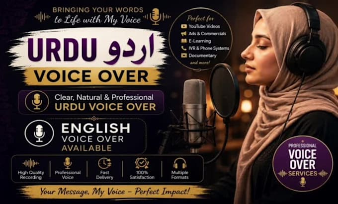 record a professional female voice over in urdu and english